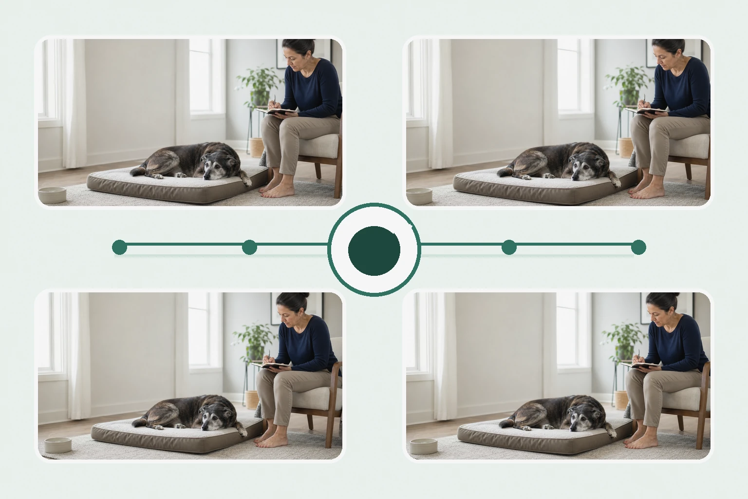 Illustrated owner guide for daily mental engagement routine for senior dogs at home
