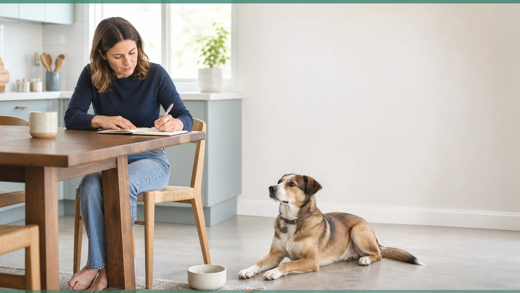 Healthy Paws Essentials scene illustrating weekly stool and hydration tracking plan for adult dogs at home