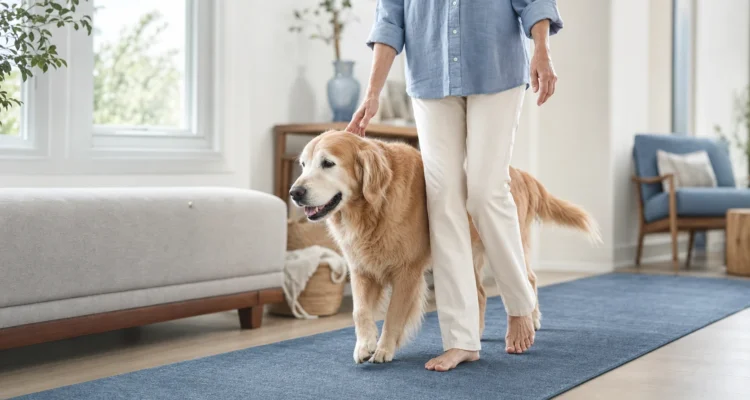 Healthy Paws Essentials scene illustrating weekly joint and low-impact activity tracking plan for adult dogs at home