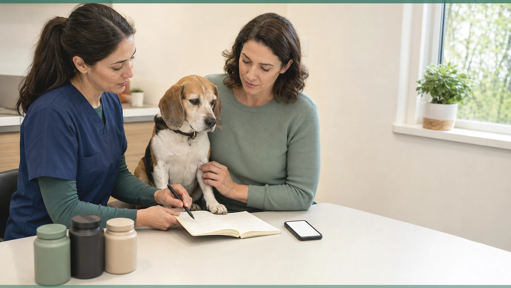 Healthy Paws Essentials scene illustrating weekly supplement and lifestyle integration plan for adult dogs at home