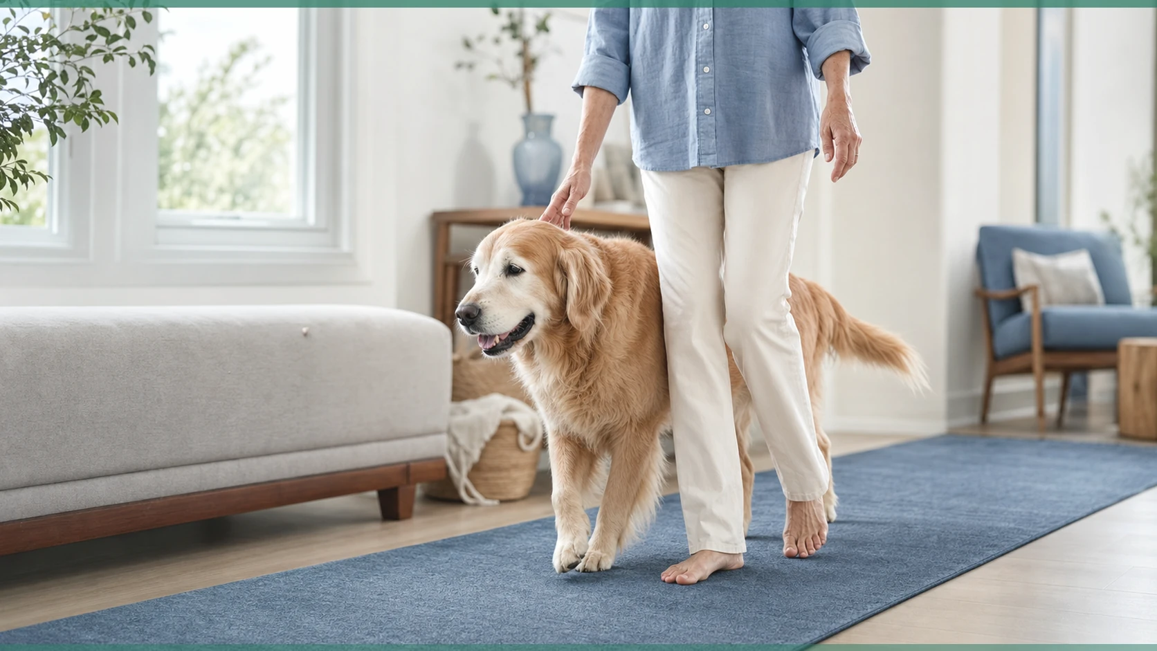 Healthy Paws Essentials scene illustrating recognizing age-related joint stiffness versus disease-related signs in dogs