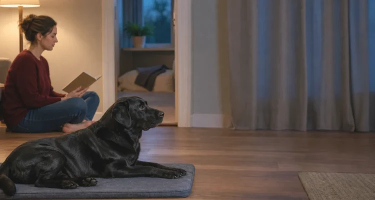 Healthy Paws Essentials scene illustrating interpreting age-related stress and anxiety behaviors in dogs without presuming a diagnosis