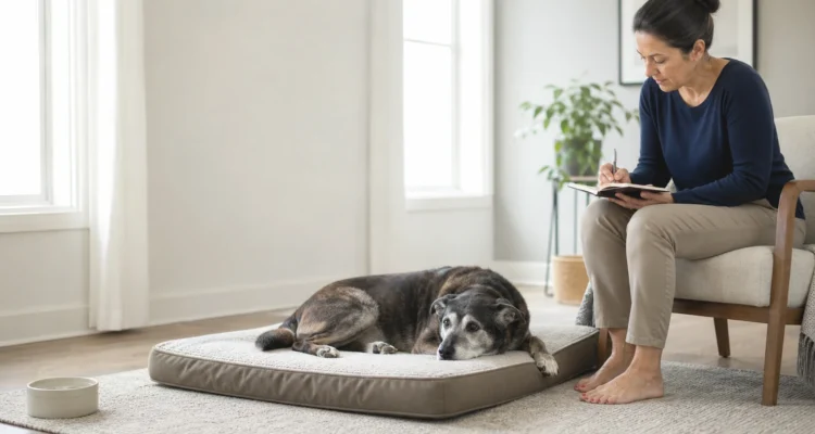 Healthy Paws Essentials scene illustrating differentiating normal aging changes from potential health issues in senior dogs
