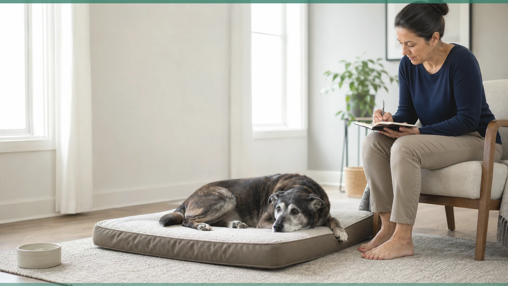 Healthy Paws Essentials scene illustrating differentiating normal aging changes from potential health issues in senior dogs