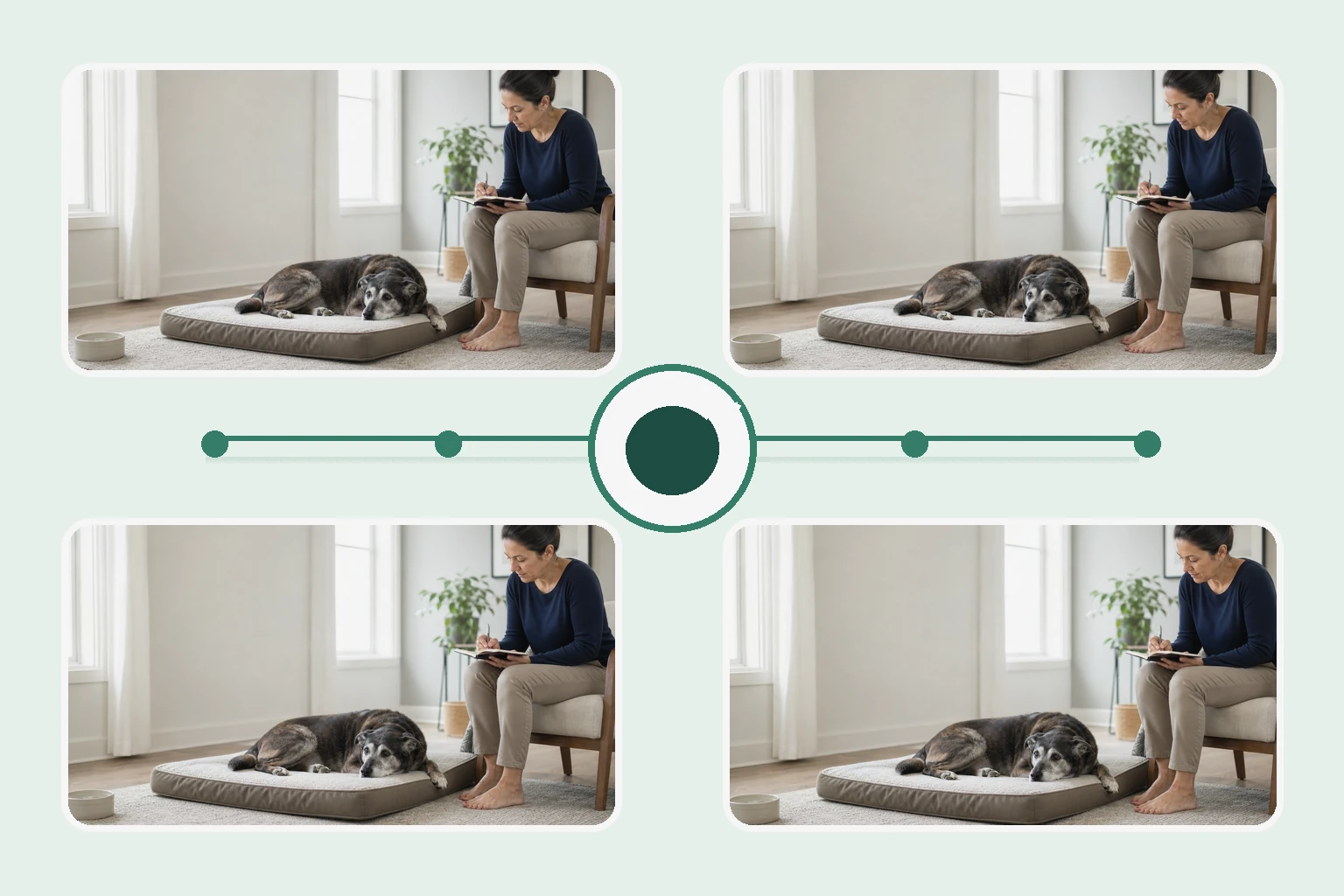 Illustrated owner guide for differentiating normal aging changes from potential health issues in senior dogs