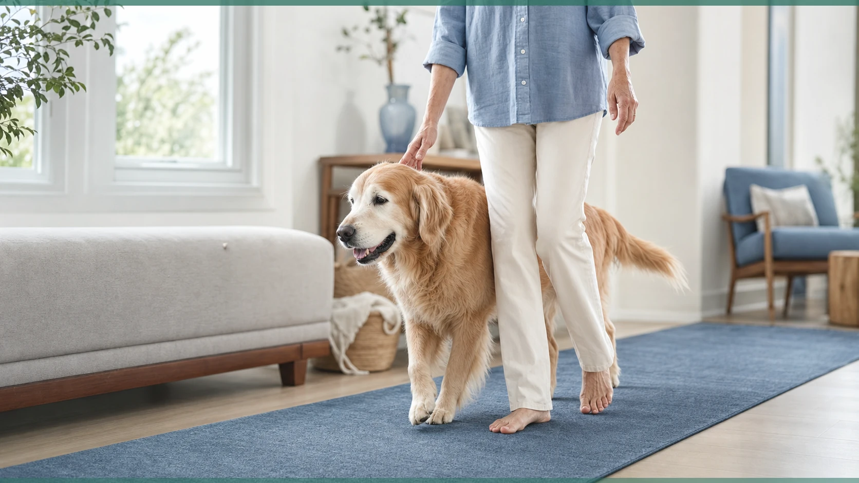 Healthy Paws Essentials scene illustrating noticing subtle joint-related changes in large-breed senior dogs at home