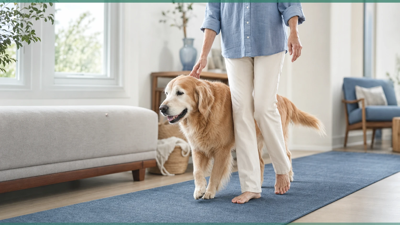 Healthy Paws Essentials scene illustrating integrating seasonal events with senior dog anxiety and joint-health planning