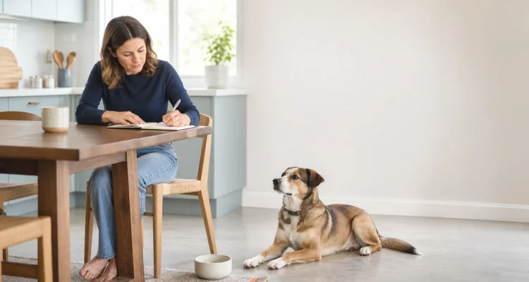 Healthy Paws Essentials scene illustrating daily gut-protective routine for adult dogs at home