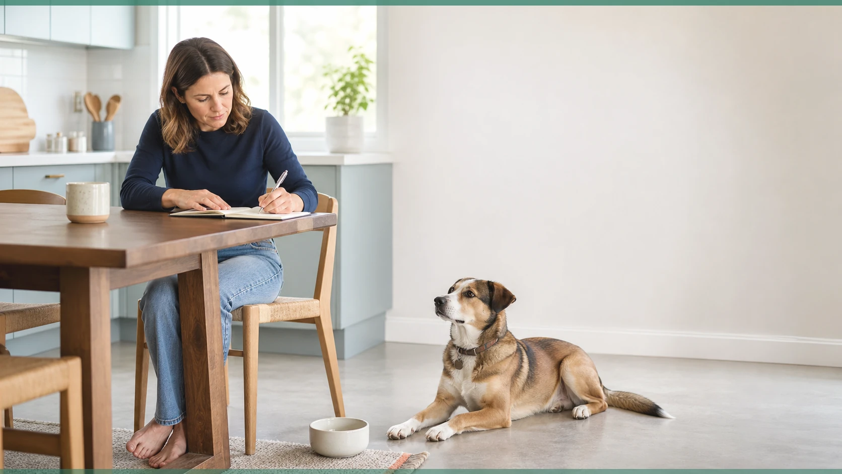 Healthy Paws Essentials scene illustrating daily gut-protective routine for adult dogs at home