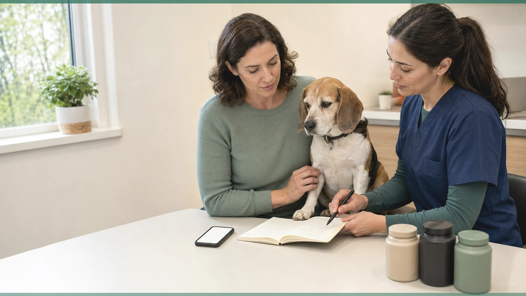 Healthy Paws Essentials scene illustrating quarterly seasonal supplement alignment worksheet for dogs