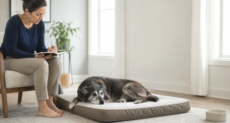 Healthy Paws Essentials scene illustrating daily journaling routine for large-breed and small-breed senior dogs by age and activity level