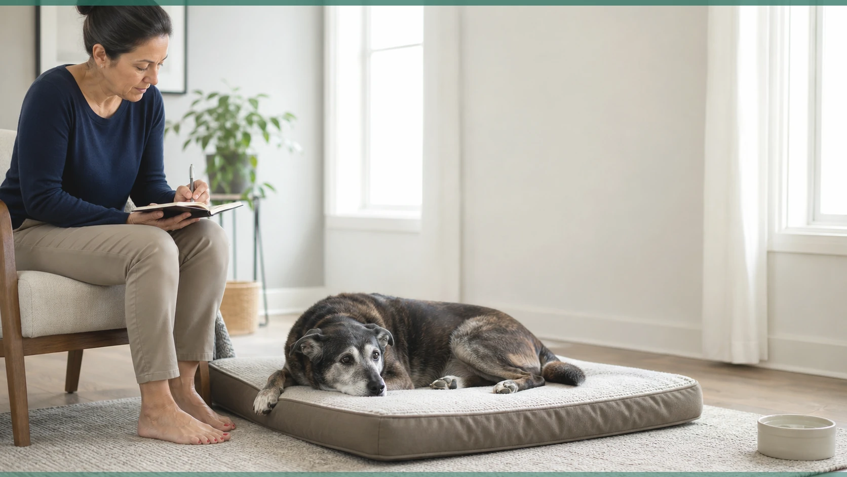 Healthy Paws Essentials scene illustrating daily journaling routine for large-breed and small-breed senior dogs by age and activity level