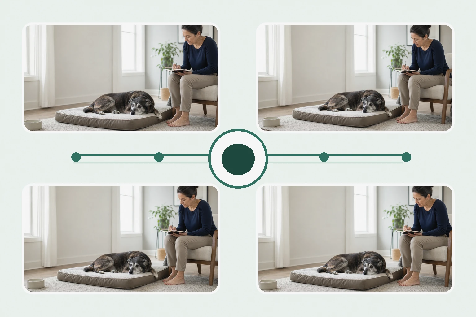 Illustrated owner guide for daily journaling routine for large-breed and small-breed senior dogs by age and activity level
