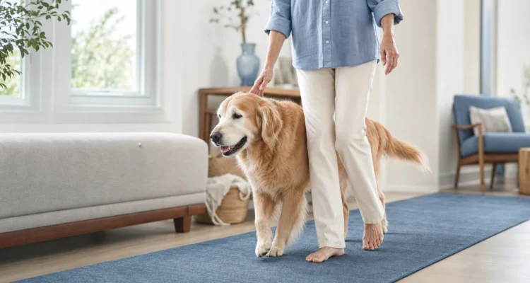 Healthy Paws Essentials scene illustrating weekly joint and mobility tracking framework for large-breed, small-breed, and active dogs
