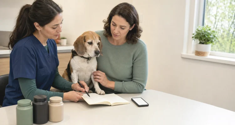 Healthy Paws Essentials scene illustrating quarterly worksheet to align gut, joint, calming, and senior-focused supplements with life-stage, activity level, and seasonal changes