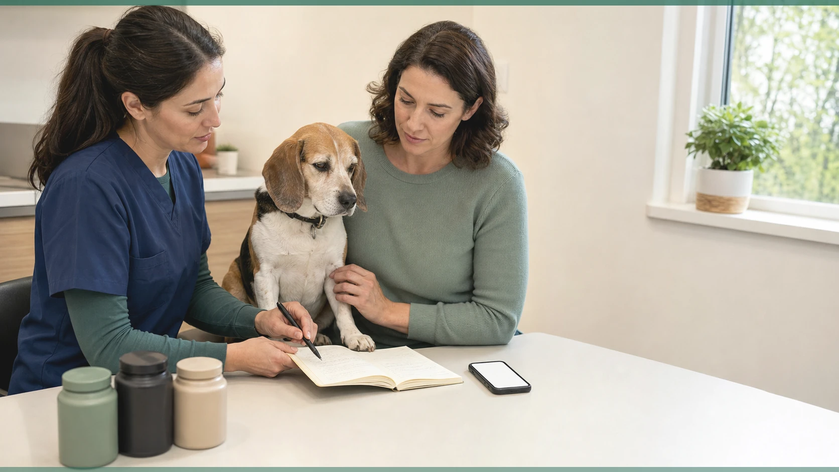 Healthy Paws Essentials scene illustrating quarterly worksheet to align gut, joint, calming, and senior-focused supplements with life-stage, activity level, and seasonal changes
