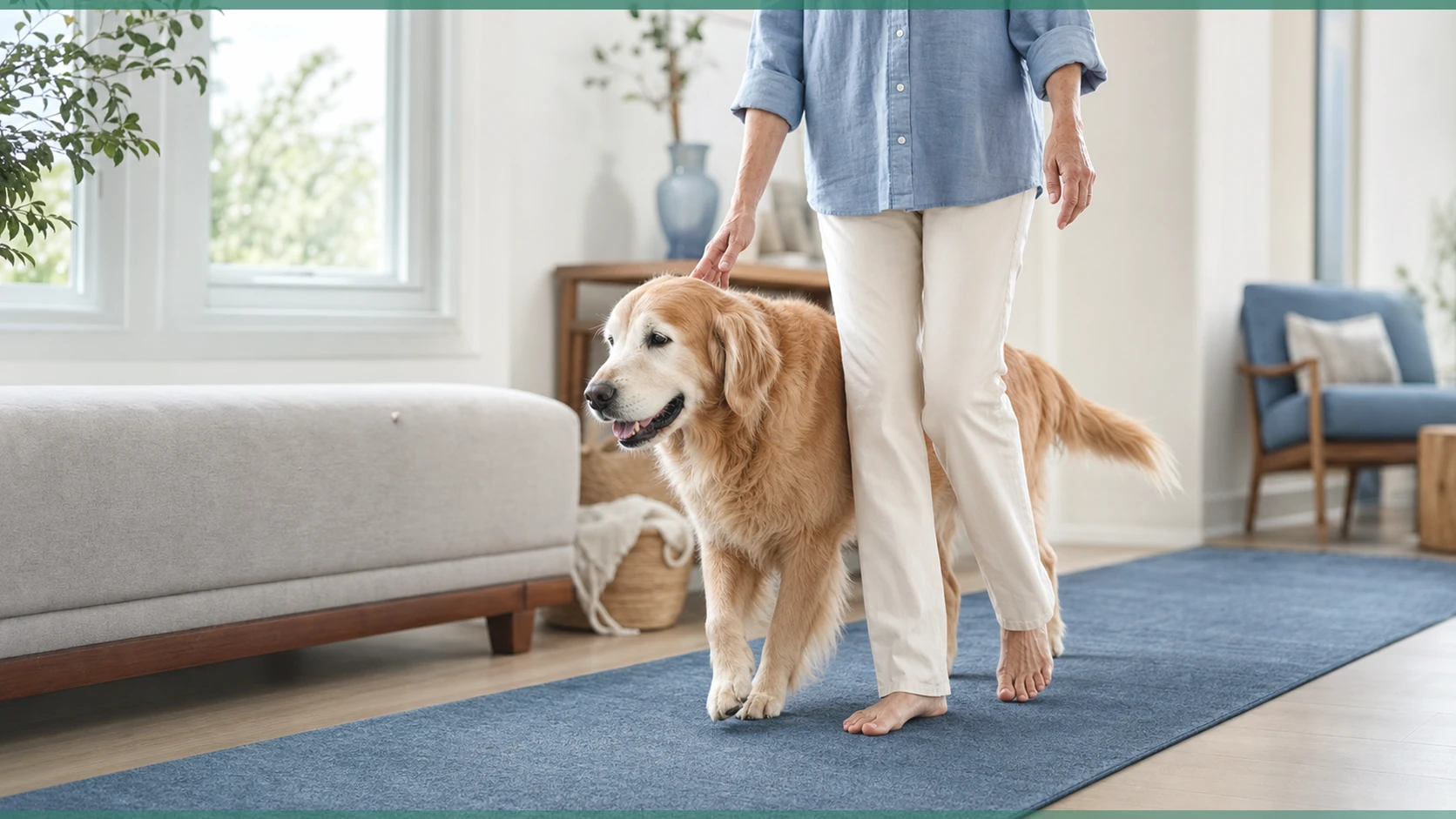 Healthy Paws Essentials scene illustrating one-page multi-pillar tracking sheet for senior dogs at home