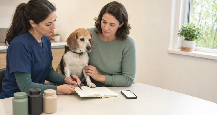 Healthy Paws Essentials scene illustrating seasonal multi-pillar dog supplement review for owners