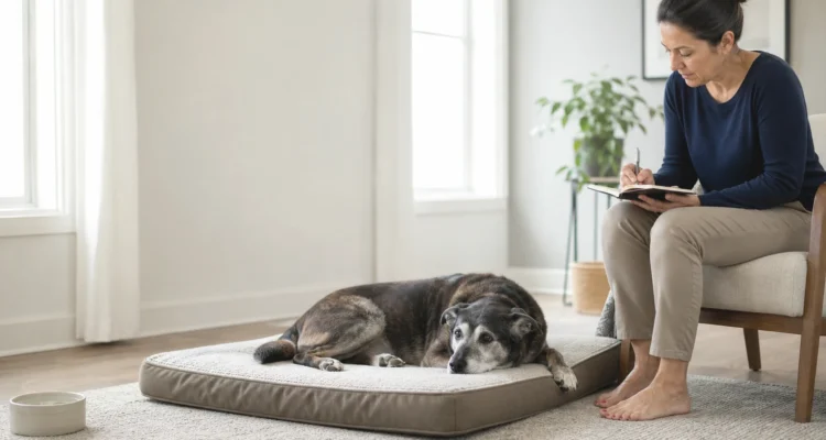 Healthy Paws Essentials scene illustrating one-page senior dog multi-pillar at-home log