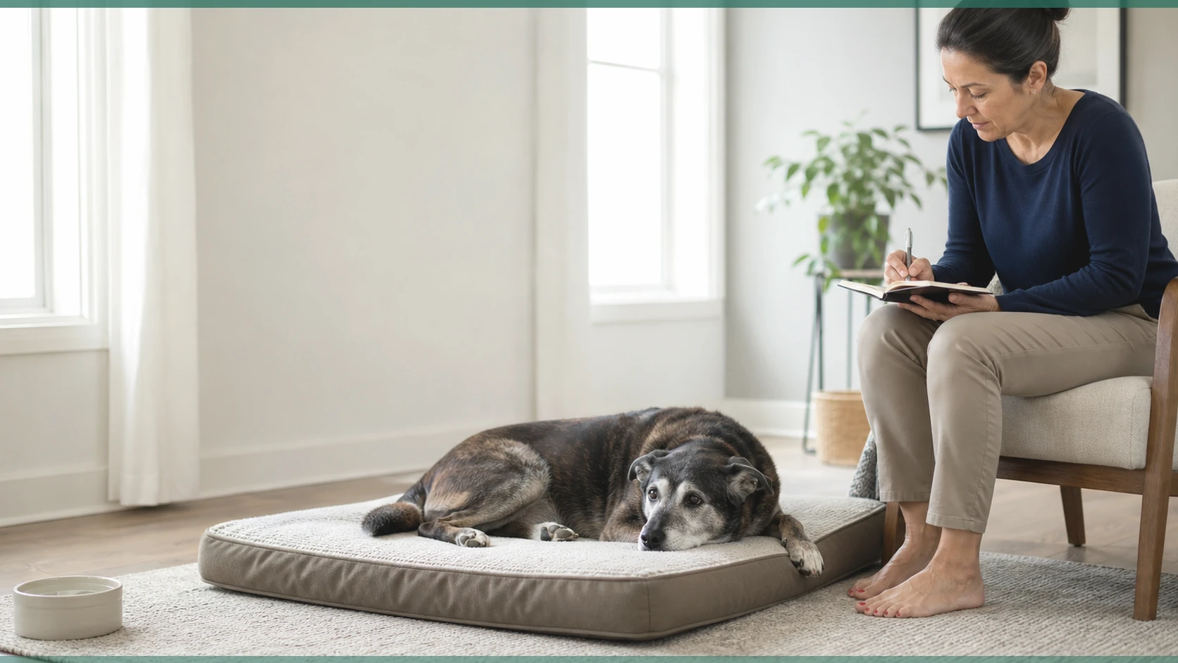 Healthy Paws Essentials scene illustrating one-page senior dog multi-pillar at-home log