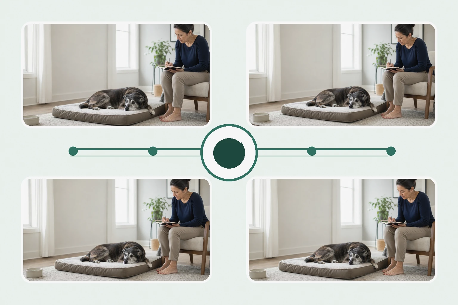 Illustrated owner guide for one-page senior dog multi-pillar at-home log