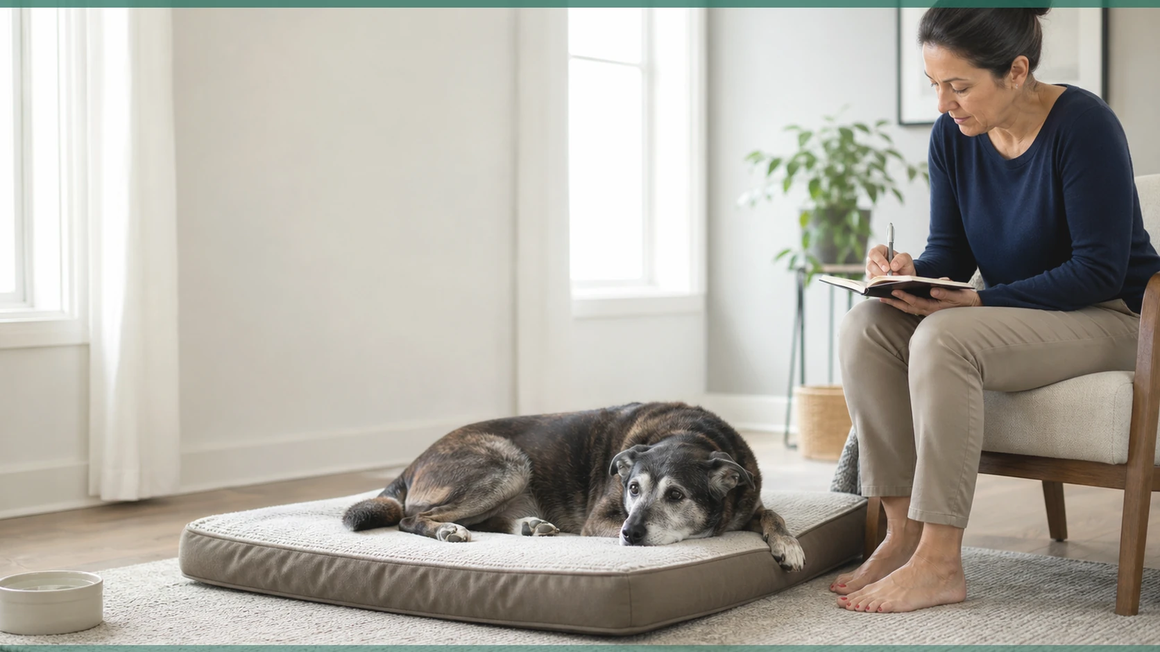 Healthy Paws Essentials scene illustrating one-page seasonal event checklist for senior-like dog wellness