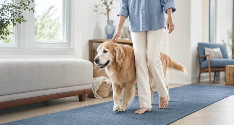 Healthy Paws Essentials scene illustrating weekly joint comfort and activity tracking for adult dogs at home