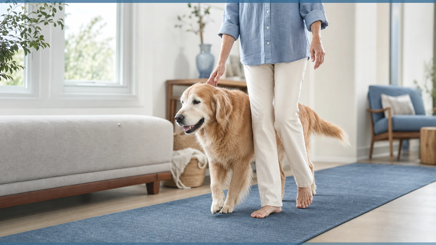 Healthy Paws Essentials scene illustrating weekly joint comfort and activity tracking for adult dogs at home