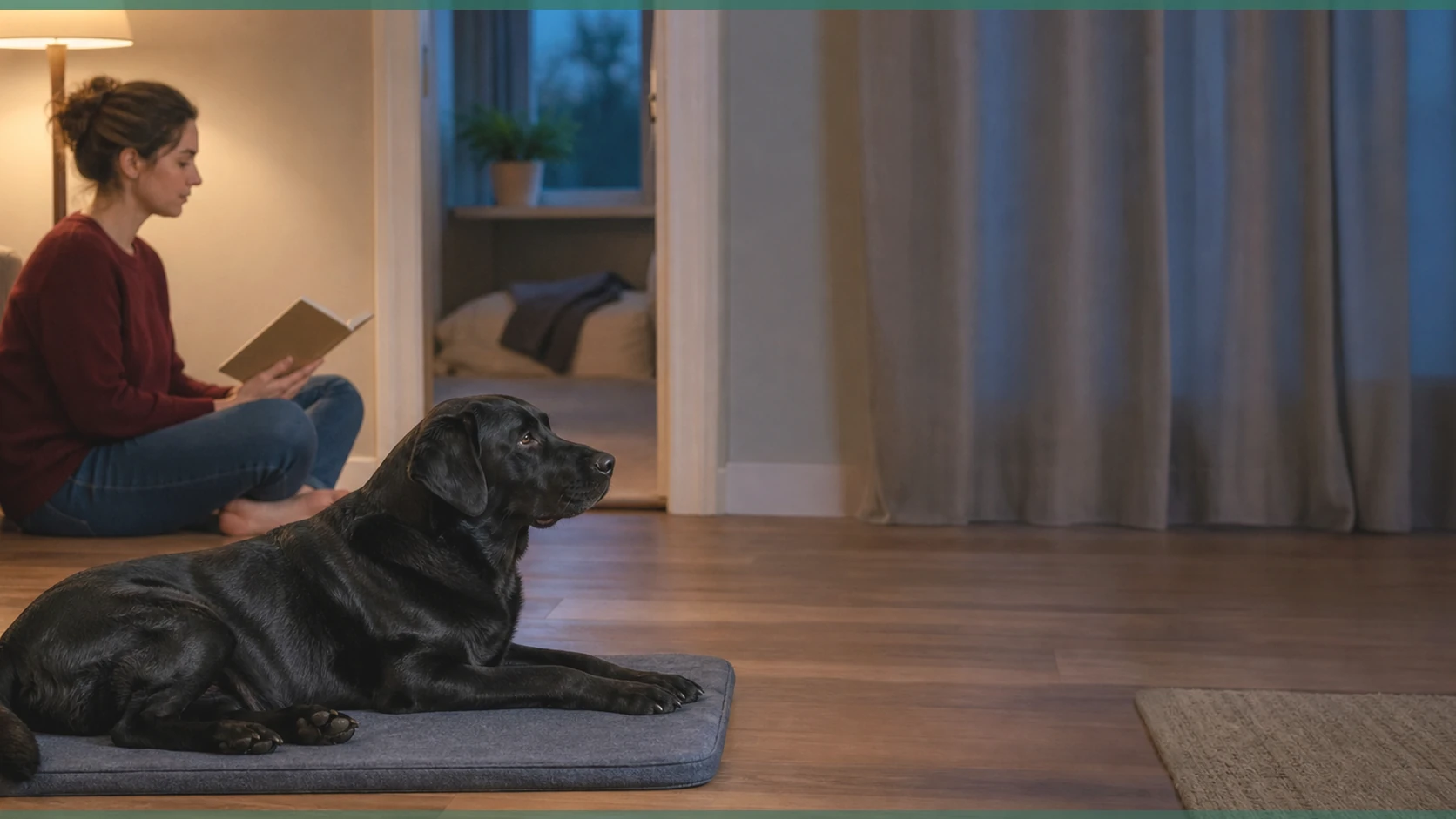 Healthy Paws Essentials scene illustrating environmental and routine changes that support anxious dogs at home