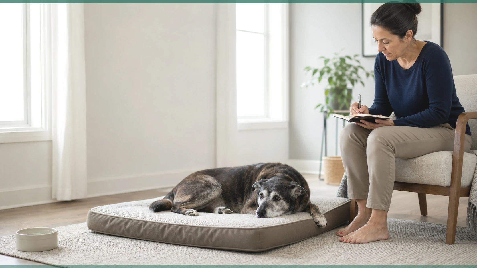 Healthy Paws Essentials scene illustrating weekly life-stage tracking sheet for senior-like dogs at home