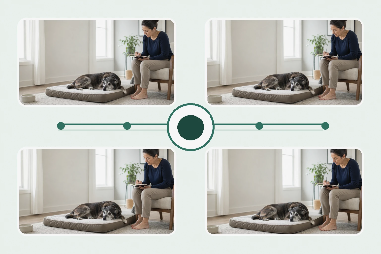 Illustrated owner guide for weekly life-stage tracking sheet for senior-like dogs at home