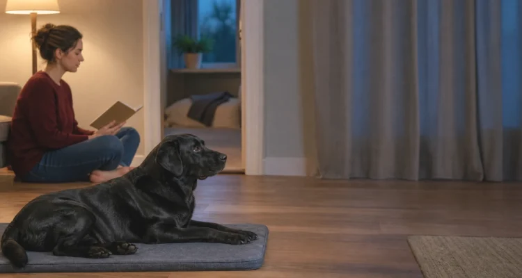 Healthy Paws Essentials scene illustrating seasonal event anxiety tracking for adult dogs at home