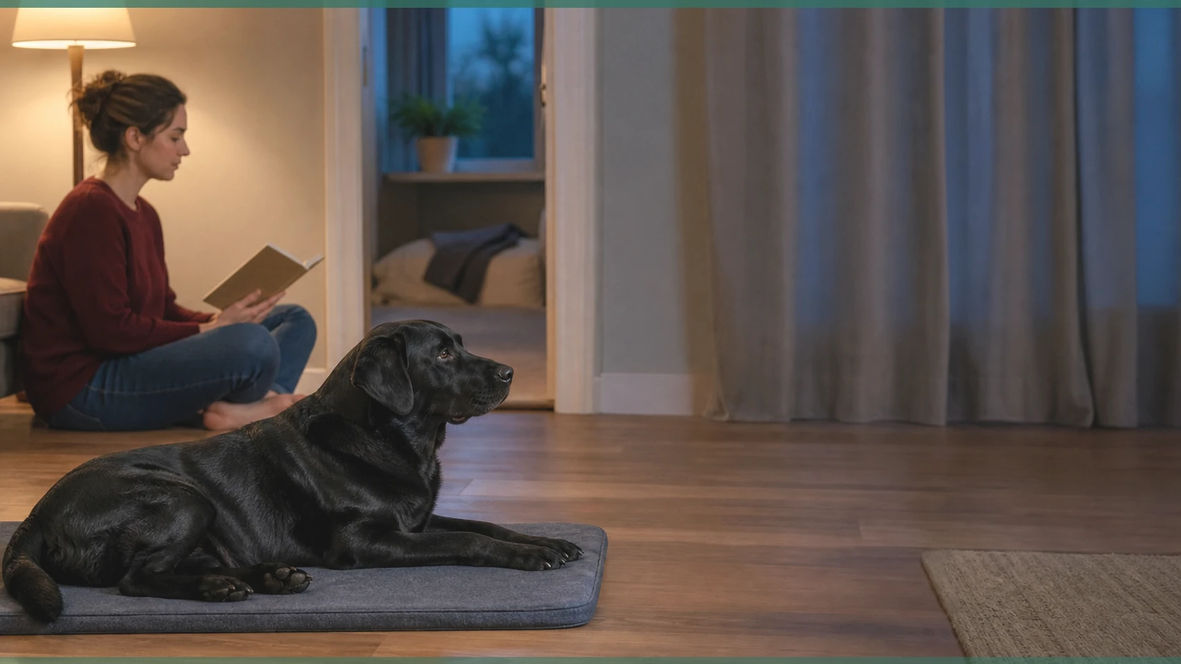 Healthy Paws Essentials scene illustrating seasonal event anxiety tracking for adult dogs at home