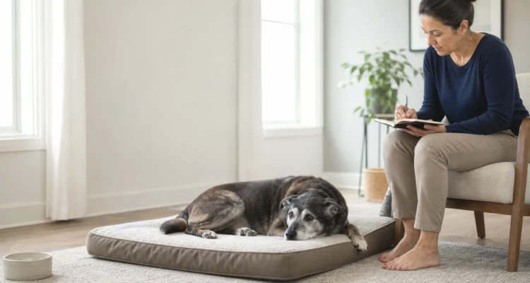 Healthy Paws Essentials scene illustrating tracking subtle changes in senior-like dogs around seasonal events at home