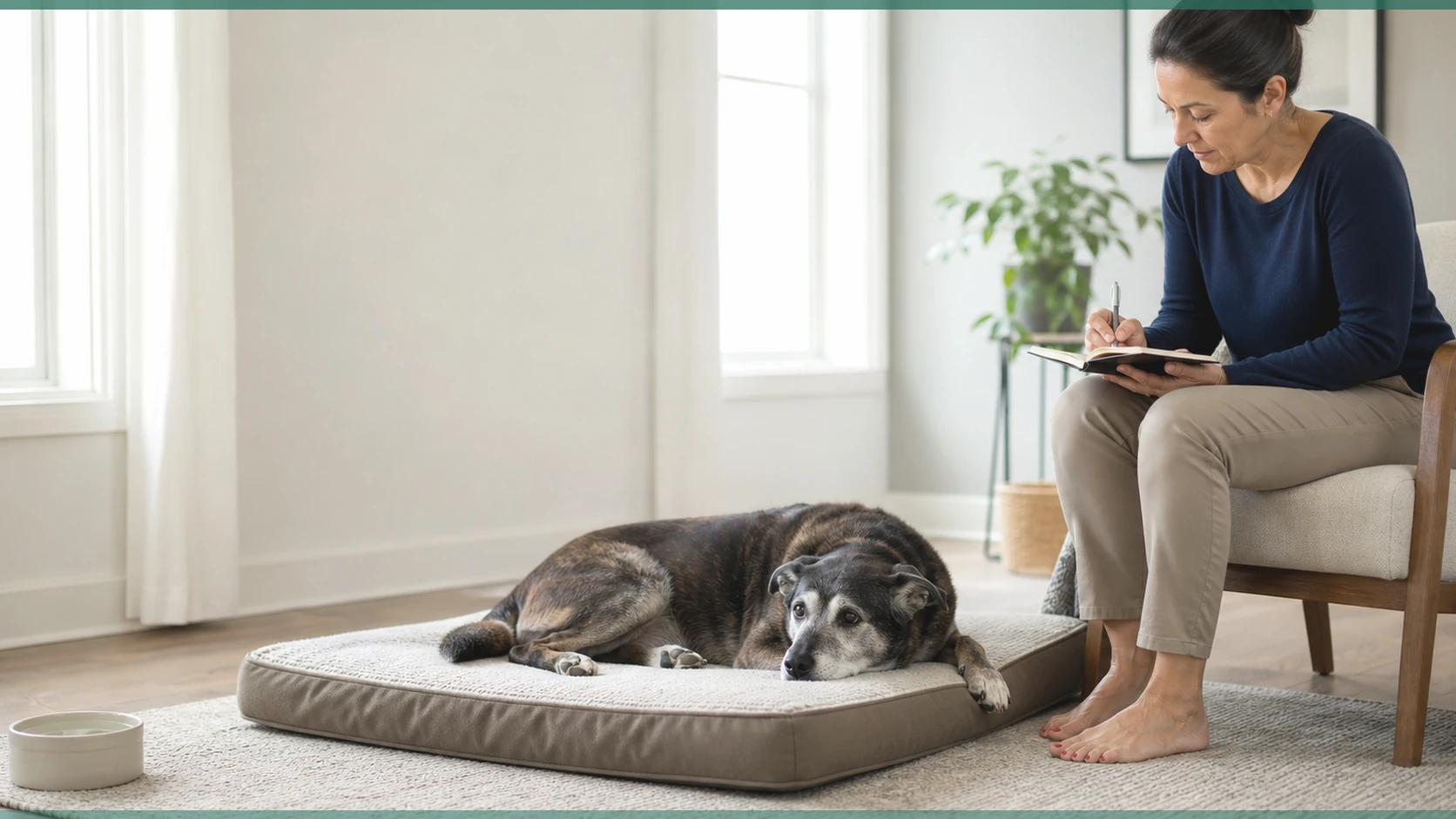 Healthy Paws Essentials scene illustrating tracking subtle changes in senior-like dogs around seasonal events at home