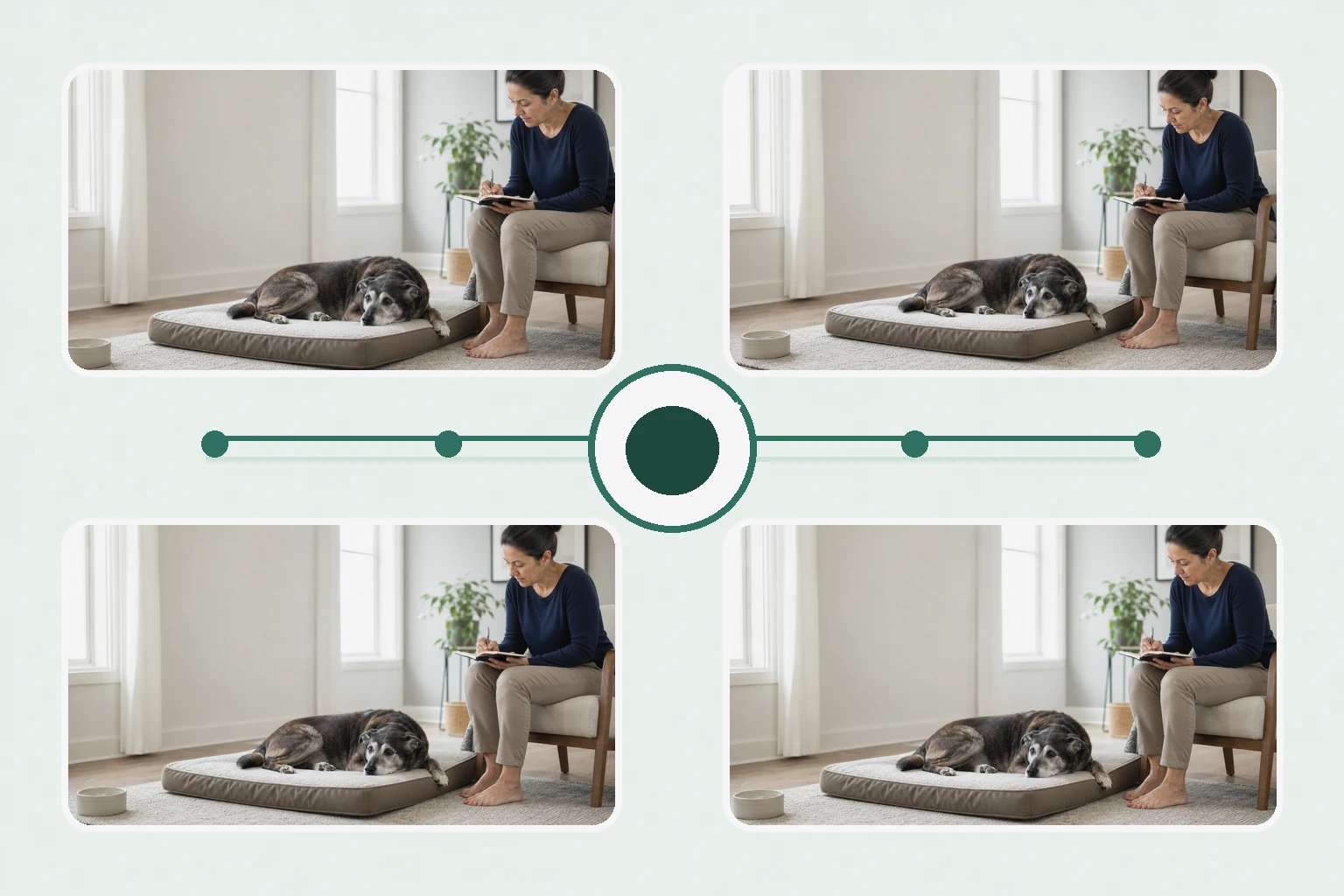 Illustrated owner guide for tracking subtle changes in senior-like dogs around seasonal events at home