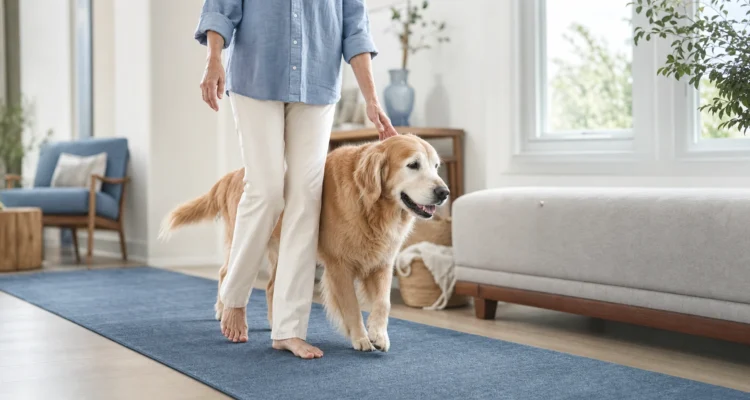 Healthy Paws Essentials scene illustrating tracking joint comfort and mobility changes in adult dogs around seasonal events