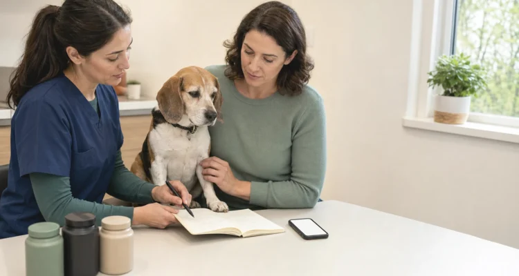 Healthy Paws Essentials scene illustrating 90-day calendar-based multi-pillar supplement check-in for dogs