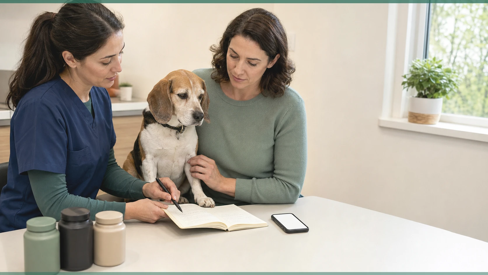 Healthy Paws Essentials scene illustrating 90-day calendar-based multi-pillar supplement check-in for dogs