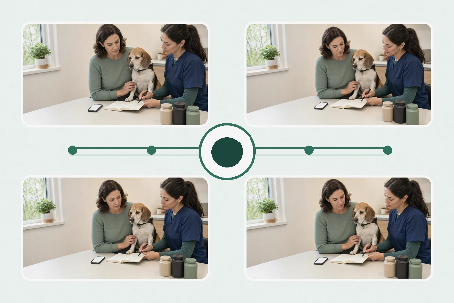 Illustrated owner guide for 90-day calendar-based multi-pillar supplement check-in for dogs