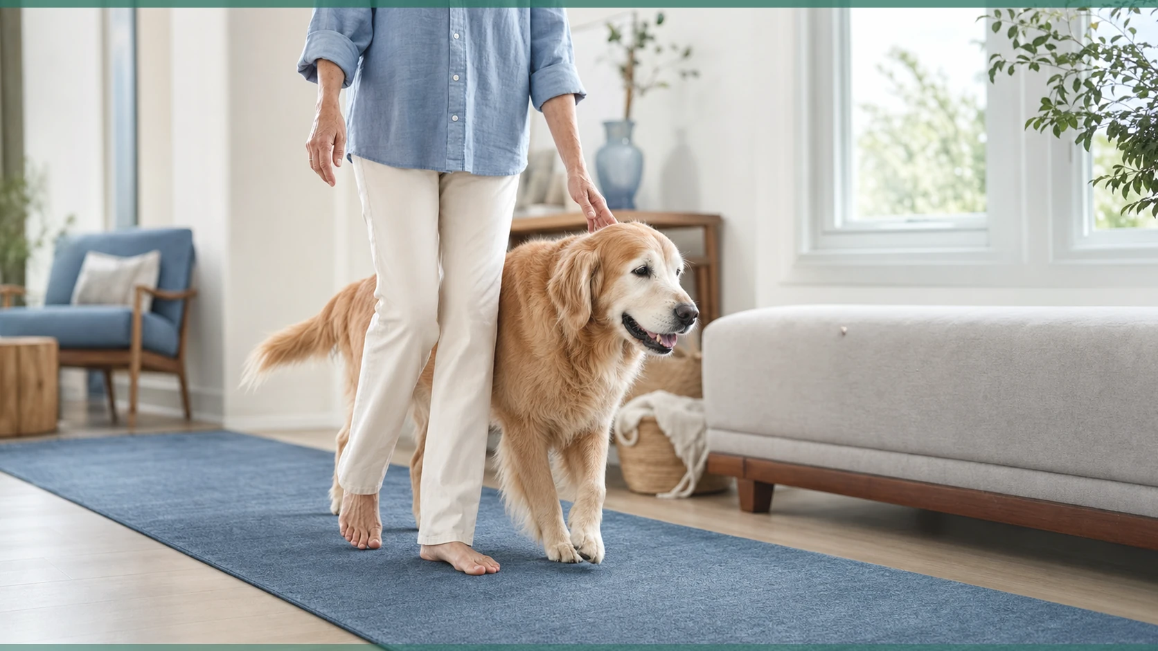 Healthy Paws Essentials scene illustrating quarterly snapshot for senior dogs integrating weight, body condition, skin & coat, and stress