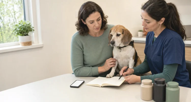 Healthy Paws Essentials scene illustrating one-page multi-pillar at-home tracking sheet for adult dogs