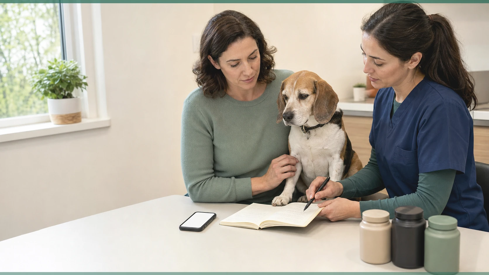 Healthy Paws Essentials scene illustrating one-page multi-pillar at-home tracking sheet for adult dogs