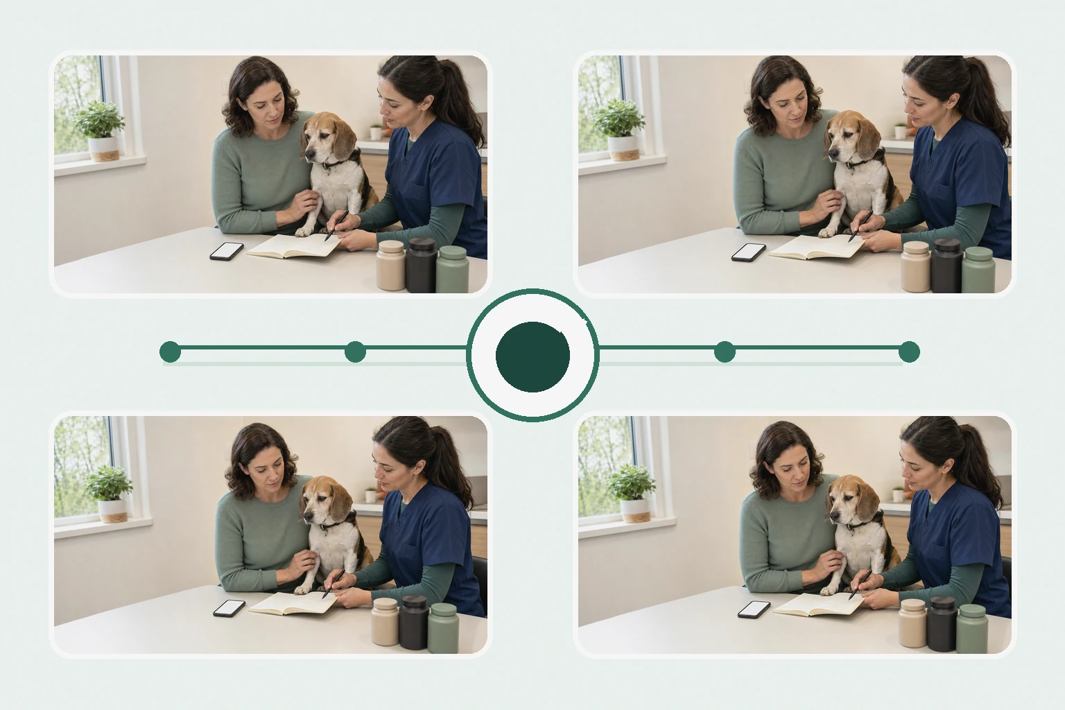 Illustrated owner guide for one-page multi-pillar at-home tracking sheet for adult dogs