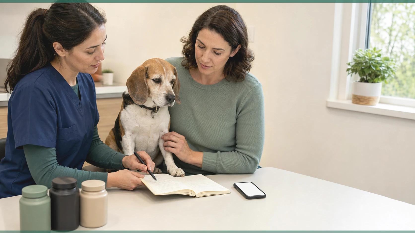 Healthy Paws Essentials scene illustrating 14-day supplement and lifestyle reflection worksheet for dogs