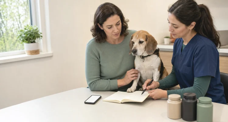 Healthy Paws Essentials scene illustrating 28-day multi-pillar home observation template for dog supplements
