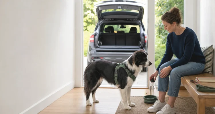 Healthy Paws Essentials scene illustrating tracking joint comfort around travel and vacation weeks for adult dogs