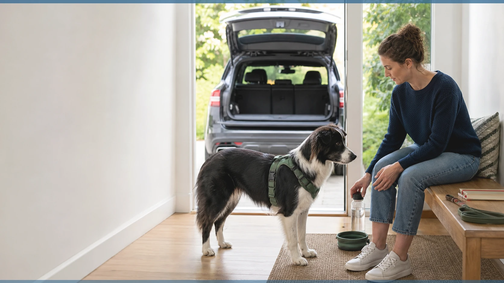 Healthy Paws Essentials scene illustrating tracking joint comfort around travel and vacation weeks for adult dogs