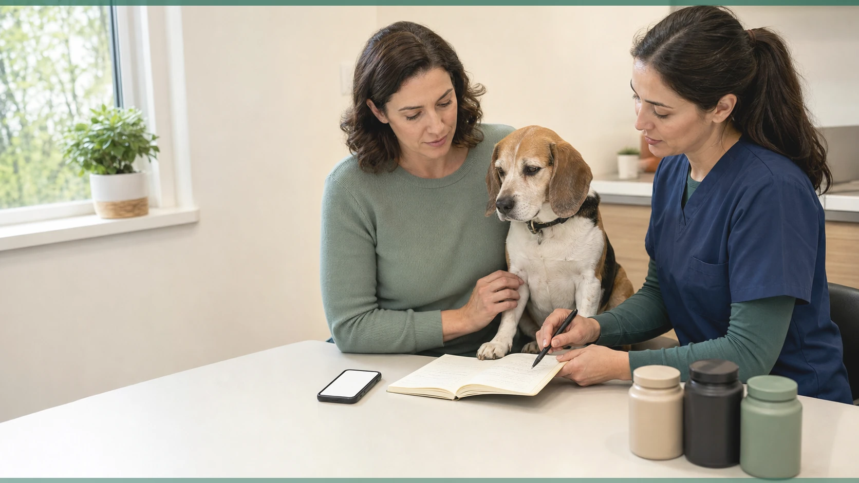 Healthy Paws Essentials scene illustrating lifestyle and season reflection worksheet for dog supplements by life stage
