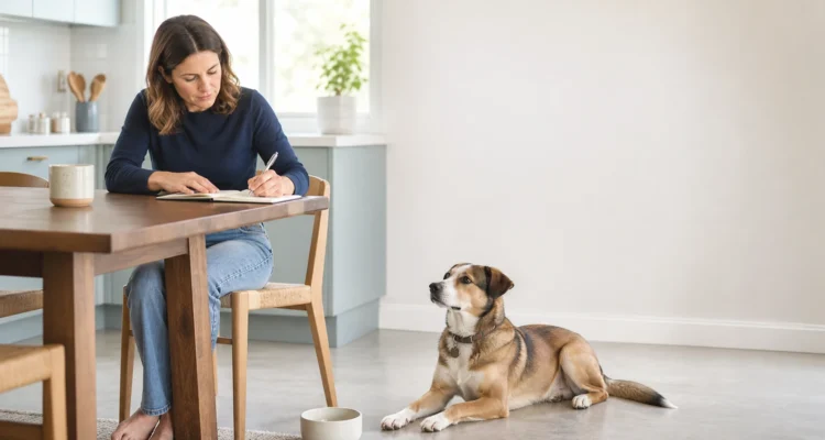 Healthy Paws Essentials scene illustrating weekly gut-health and stool tracking journal for adult dogs at home